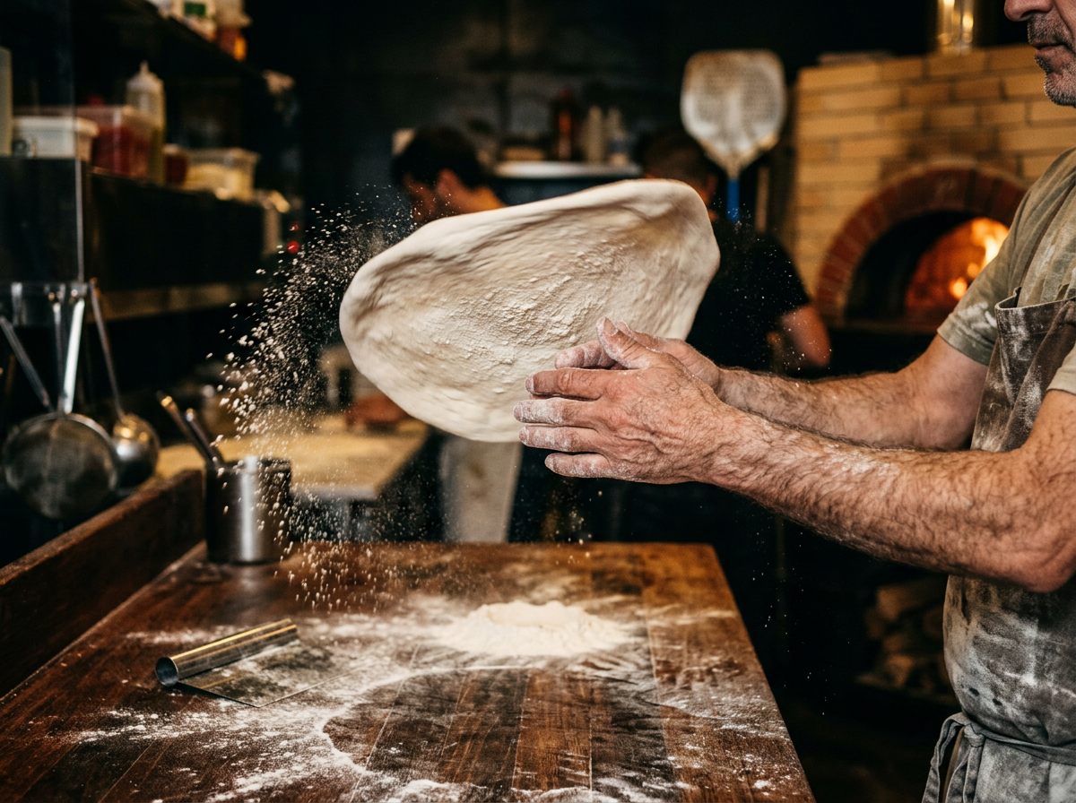 Chef stretching fresh pizza dough by hand